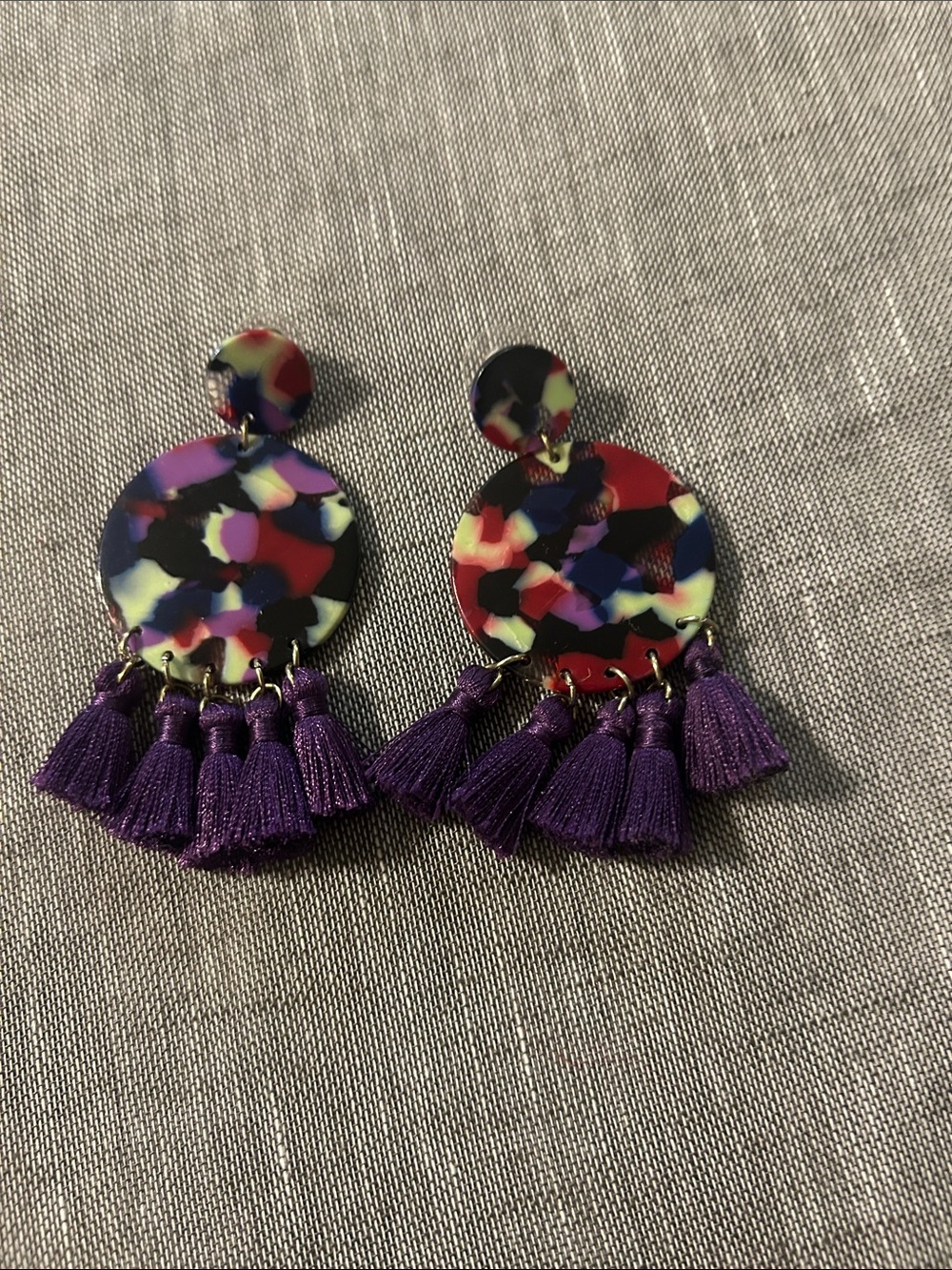 Multicolor Resin Disc Earrings with Purple Tassels
